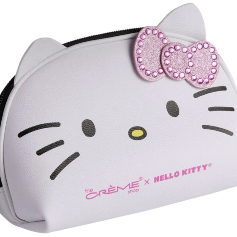 Hello Kitty White Cosmetic Pouch with Pink Glitter Bow Bundle